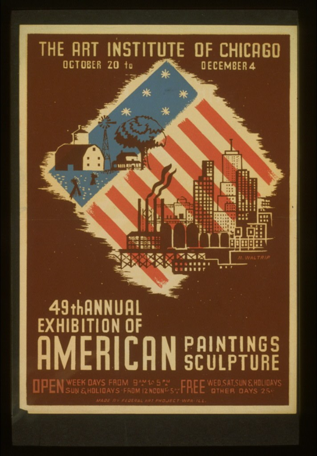 Plakat für die 49. Jahresausstellung amerikanischer Malerei und Skulptur im Art Institute of Chicago, das Text und Bilder zum Ereignis zeigt.