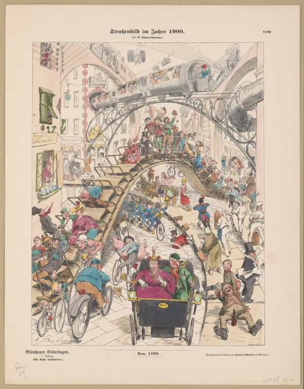 Eine sepiafarbene Illustration einer belebten Bahnstation im Jahr 1900, umrahmt von einem Photo-Rahmen, zeigt Menschen in Not, die auf den Zug und den Boden schauen.