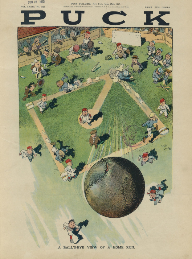 Alter Buchumschlag mit einer Karikatur eines Baseballspiels aus dem Puck Magazine vom 25. Juni 1913.