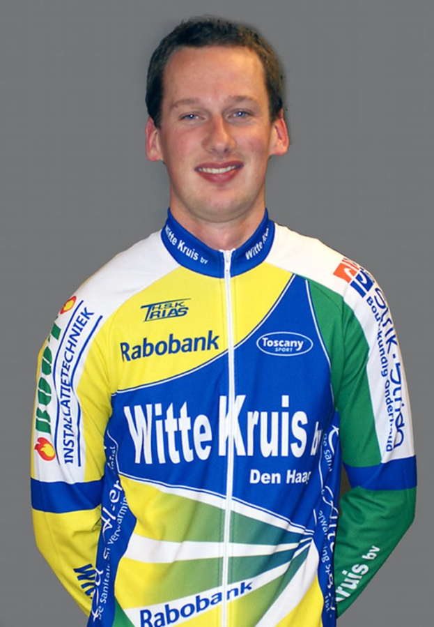 Ein männlicher Sportler, der für ein Foto posiert und ein Hemd mit mehreren Sponsorenlogos trägt.