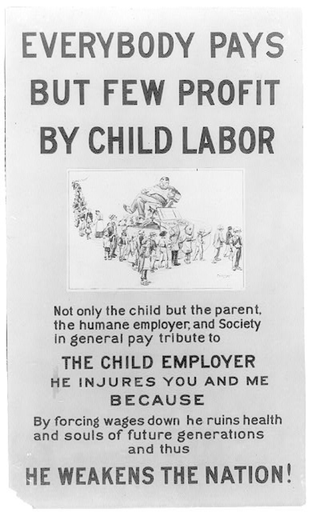 Schwarz-weißes Plakat mit Text "Jeder zahlt, aber wenige profitieren von Kinderarbeit" zeigt eine Gruppe von Menschen, die gegen Kinderarbeit in den Vereinigten Staaten kämpfen.