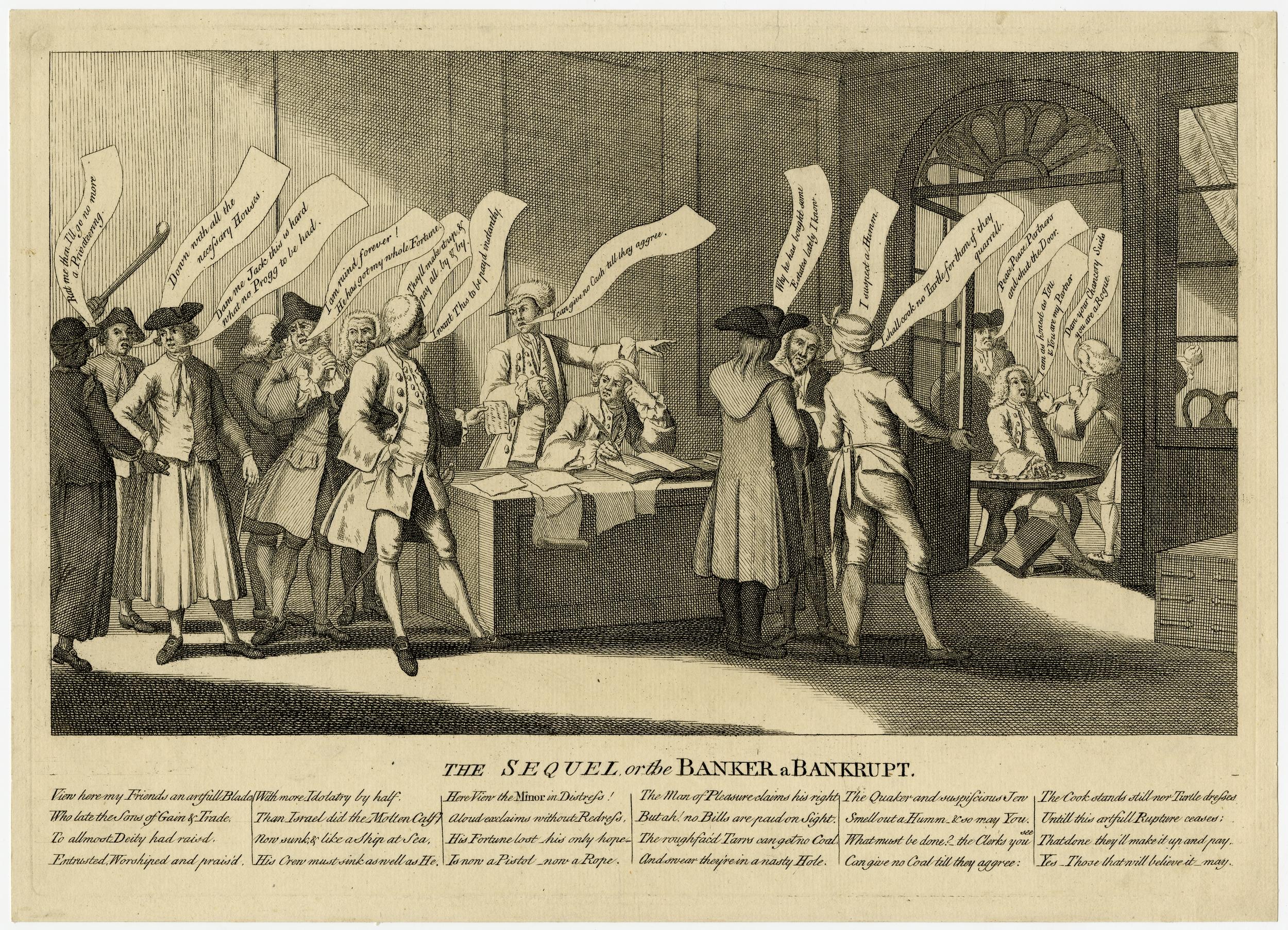 Eine Gruppe von Menschen steht um einen Tisch mit Papieren, mit zusätzlichen Papieren und Gegenständen auf dem Tisch, einer Wand und einer Tür im Hintergrund und Text, der unten 'Die Fortsetzung der Banker's Bankrott' lautet.