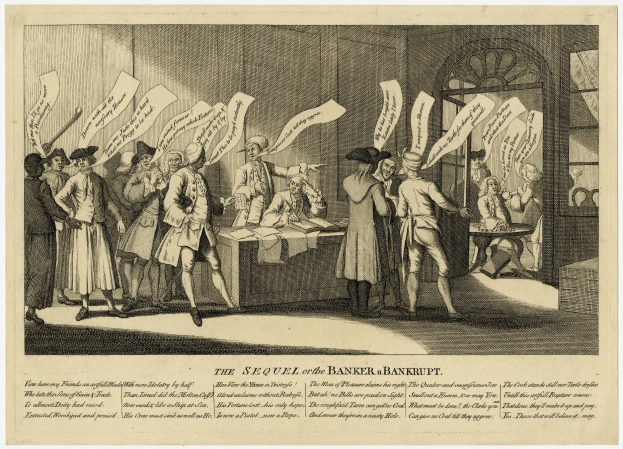 Eine Gruppe von Menschen steht um einen Tisch mit Papieren, mit zusätzlichen Papieren und Gegenständen auf dem Tisch, einer Wand und einer Tür im Hintergrund und Text, der unten 'Die Fortsetzung der Banker's Bankrott' lautet.