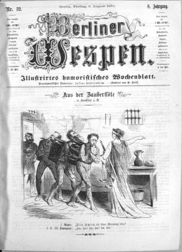 Eine Schwarz-Weiß-Seite der Berliner Wespen-Zeitung von 1875 mit einer Gruppe von Menschen in Not, einige schauen ängstlich hoch, andere verwirrt nach unten.