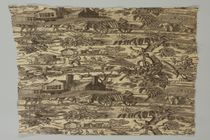 Ein Blatt mit einer Zeichnung einer Dorfszene mit Bäumen, Menschen, Karren, Häusern und anderen Gegenständen.