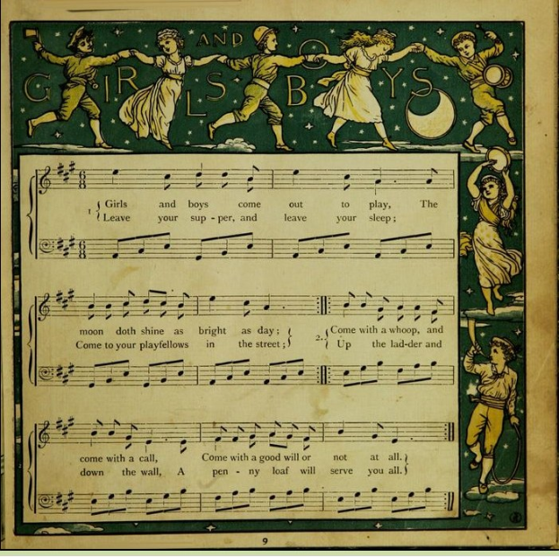 Ein Blatt mit einem Bild von fröhlich tanzenden Kindern, begleitet von einer Partitur mit dem Titel "Girls and Boys", die bunte Kleidung und Noten enthält.