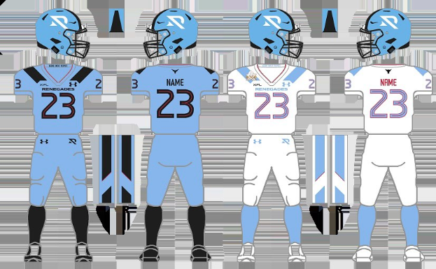 Ein Fußballtrikot in Blau-Weiß mit einem T-Shirt, Shorts und einem Helm, das auf einem weißen Hintergrund mit begleitendem Text dargestellt wird.