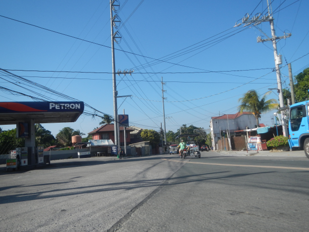 Ein blauer Lastwagen fährt auf einer Straße an einer Tankstelle vorbei, mit Strommasten und -kabeln entlang der Straße, Gebäuden, Bäumen und einem klaren blauen Himmel im Hintergrund.