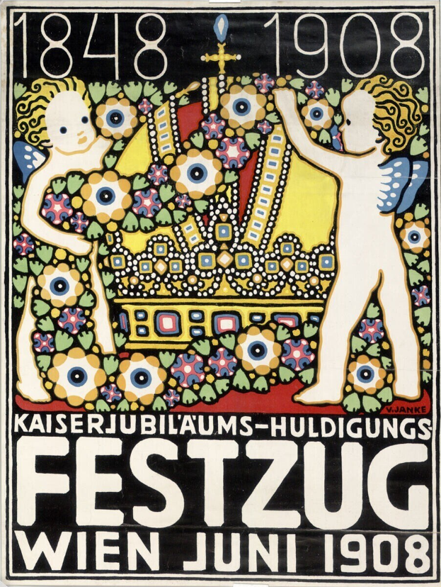 Plakat für ein Festival in Wien, Österreich, das ein Gemälde von einem Jungen und einem Mädchen zeigt, die Arm in Arm nebeneinander stehen und Text mit Festivalinformationen.
