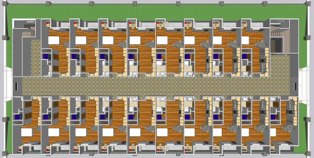 3D-Bodenplan eines Gebäudes mit zahlreichen Räumen, der den detaillierten Aufbau zeigt.