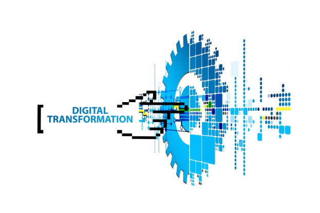 Digitalisierung-Logo mit dem Text "Digitalisierung" in der Mitte, mit blauen, schwarzen und gelben Punkten auf einem weißen Hintergrund.