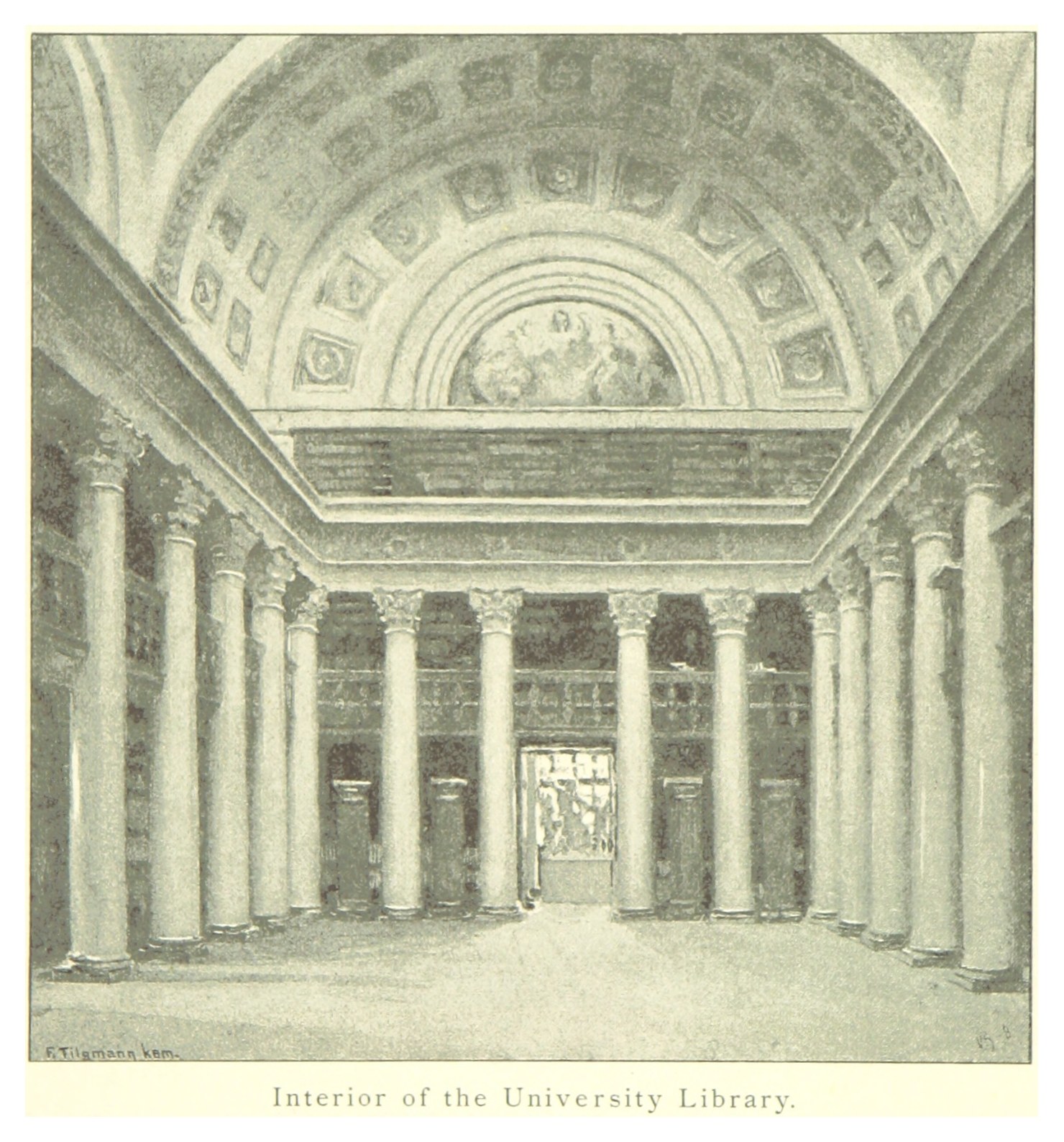 Innenraum einer Universitätsbibliothek mit beeindruckenden Säulen und detaillierten Deckenentwürfen, mit Text am unteren Rand, der das Ästhetische ergänzt.