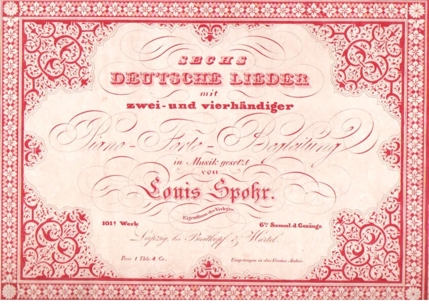 Altes deutsches Aktienzertifikat betitelt "Louis Spohr - Zweites Deutsches Lieder" mit rotem Rand und weißem Hintergrund.