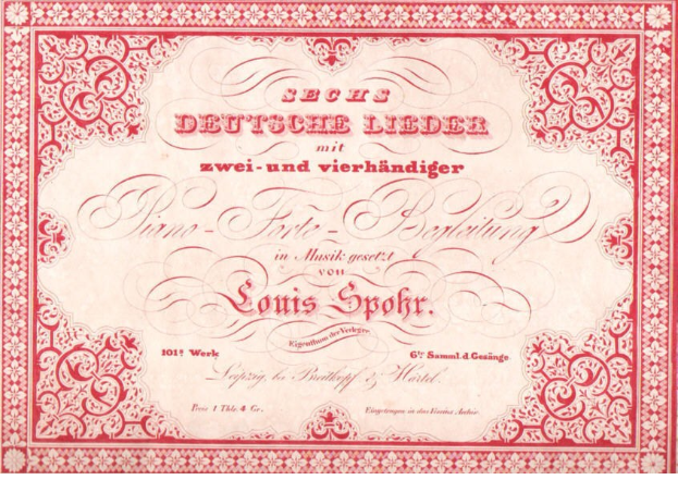 Altes deutsches Aktienzertifikat betitelt "Louis Spohr - Zweites Deutsches Lieder" mit rotem Rand und weißem Hintergrund.