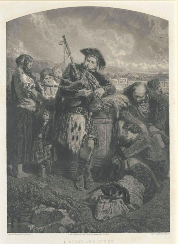 Schwarze und weiße Gravur eines Mannes, der eine Dudelsackpfeife spielt, mit einer Gruppe von Menschen im Hintergrund und dem Text 'Ein Highland-Pfeife' unten.