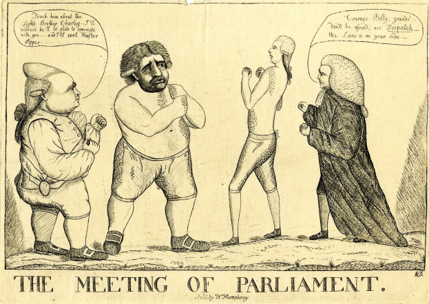 Eine handgezeichnete Skizze von drei Menschen, die stehen und diskutieren, mit der ├ťberschrift "Die Parlamentssitzung" unten.