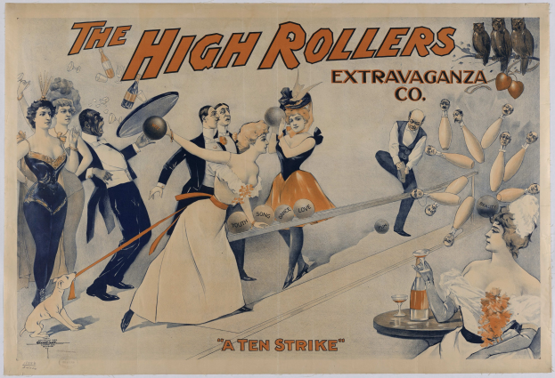 Ein Plakat aus den 1920er Jahren für die High Rollers Extravaganza Co., das ein Bowlingspiel bewirbt, mit Menschen in vintage-Kleidung und dem Text 'Ein Zehner' oben drauf, in leuchtenden Blauen, Grünen und Gelben.