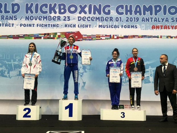 Fünf Personen auf einem Podium mit Trophäen und Urkunden in den Händen, im Hintergrund ein Banner "World Kickboxing Championship Antalya 2019"