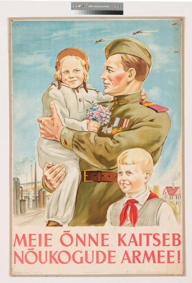 Polnischer Weltkriegs-Propagandaplakat mit einem Mann, der ein Kind hält, und zwei weiteren Kindern davor.