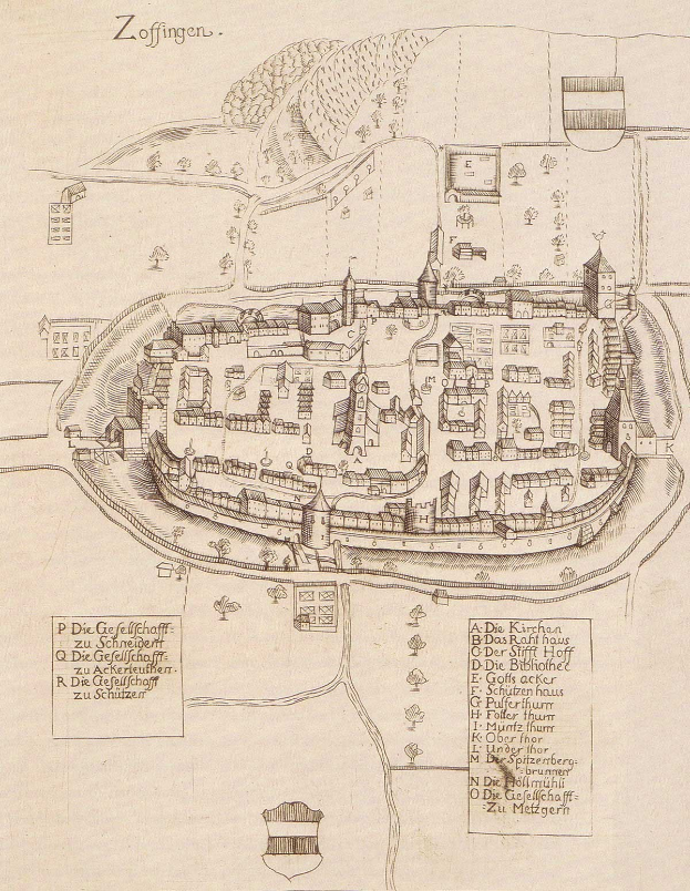 Detailiertes altes Stadtplan von Zoffingen, Deutschland, zeigt Straßen, Gebäude, Bäume und Text auf vergilbten Papier.