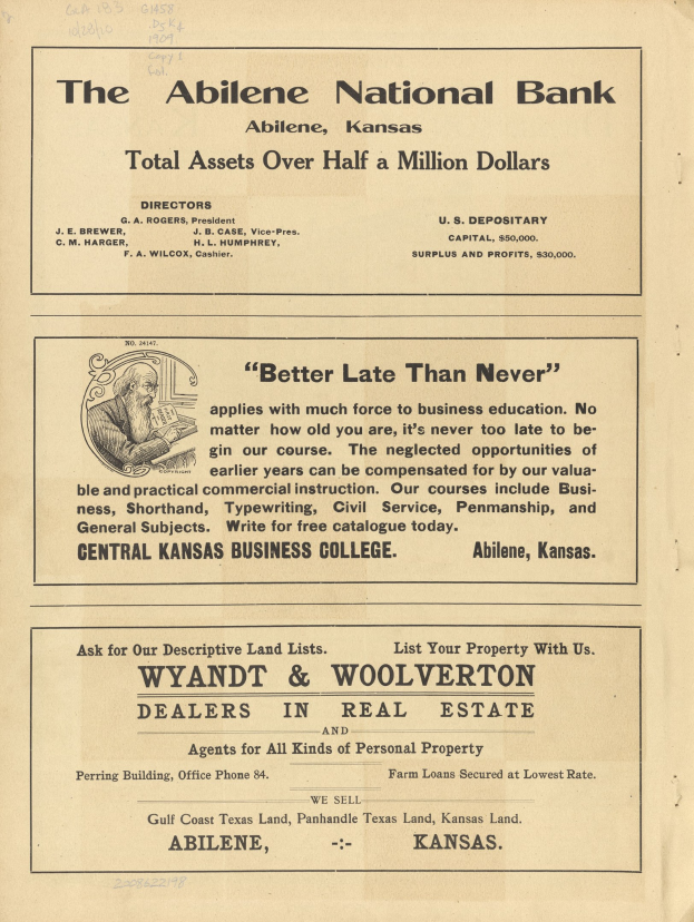 Alte Zeitungsannonce für Abilene National Bank mit zentralem Porträt und Text, der Bankdienste beschreibt.