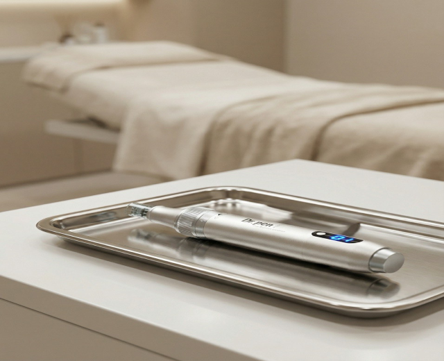 Ein modernes Microneedling-Gerät liegt auf einem sterilen Tablett in einem professionellen Kosmetikstudio.