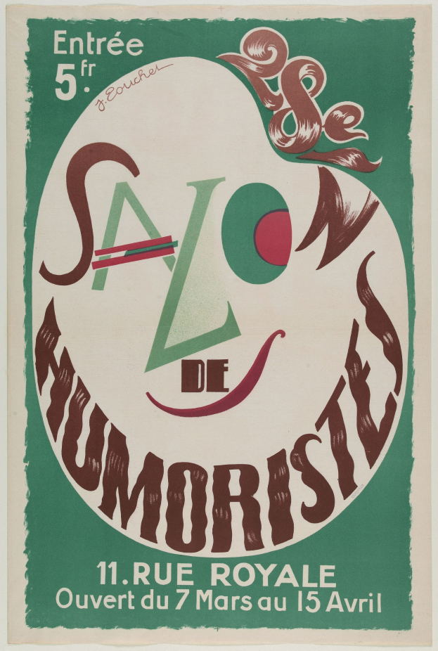 Plakat für eine humoristische Veranstaltung in Paris, Frankreich, mit Text über die Angebote.