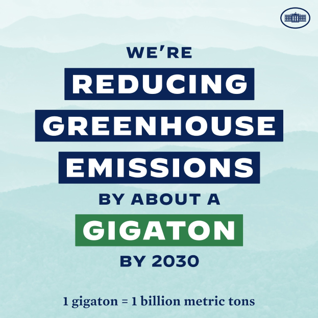 Plakat mit Text und Logo, das "Wir reduzieren die Treibhausemissionen um etwa eine Gigatonne bis 2030" besagt und für die Reduzierung der Treibhausgase bis 2030 wirbt.