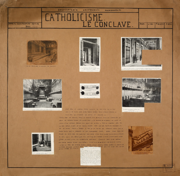 Ein Buchumschlag mit Bildern verschiedener Räume, Flure und Artefakte der katholischen Kirche sowie begleitendem Text zur Geschichte und Bedeutung.
