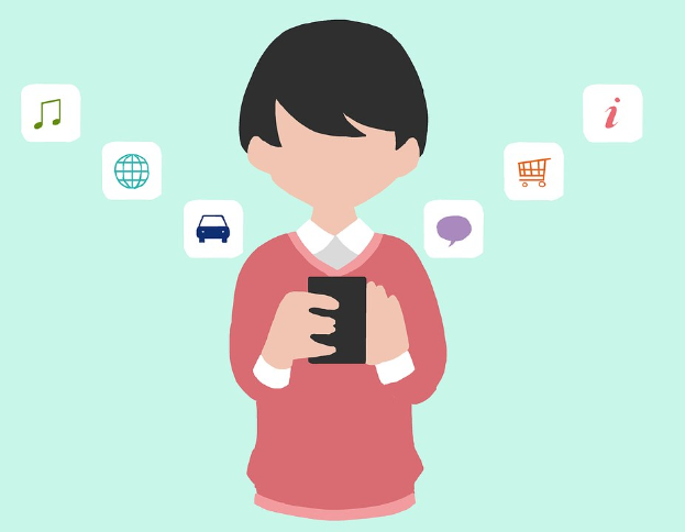Animierter Mensch, der ein Smartphone hält, mit App-Icons, die den Einsatz von Online-Shopping-Apps anzeigen.