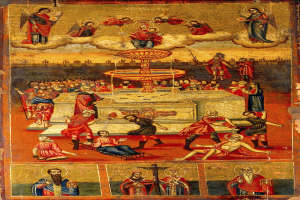 Ikonendarstellung der Taufe Christi mit einer Gruppe von Menschen in traditioneller Kleidung um einen Tisch mit einer zentralen Fontäne versammelt, umgeben von Grünpflanzen unter einem sichtbaren Himmel.