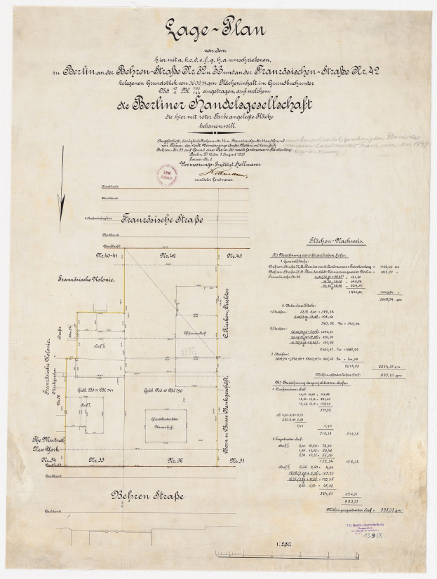 Alter Dokumenttitel "Plan der Berliner Handelagellachaft" mit einer Gebäudeansicht, Text und einem Stempel auf der linken Seite.
