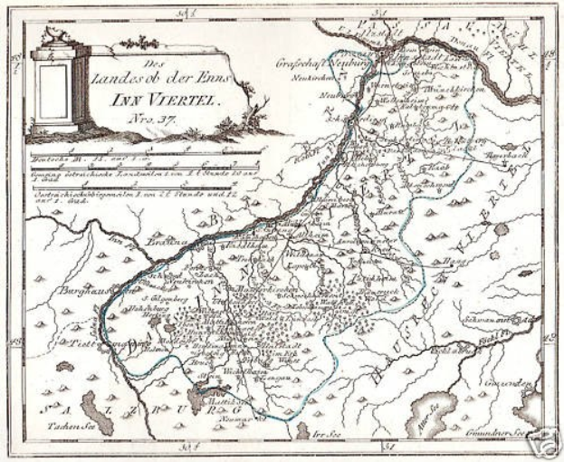 Detailierte Landkarte des Rheins in Deutschland mit Etiketten von Landmarken, Städten und geografischen Merkmalen sowie begleitendem Text und einem Bild einer Säule.