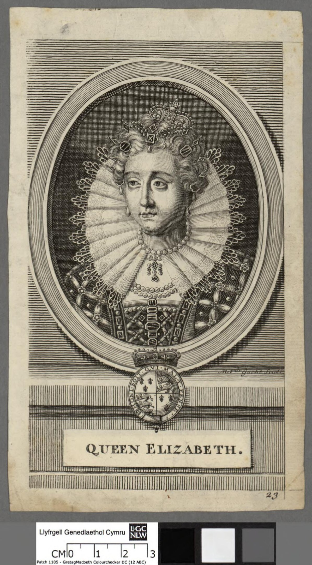 Porträt der Queen Elizabeth I. von England in königlicher Kleidung, einschließlich einer Krone und einer Tiara, mit ihrem Haar in einem Dutt und einem würdevollen Gesichtsausdruck, vor einem grauen Hintergrund mit Text unten.
