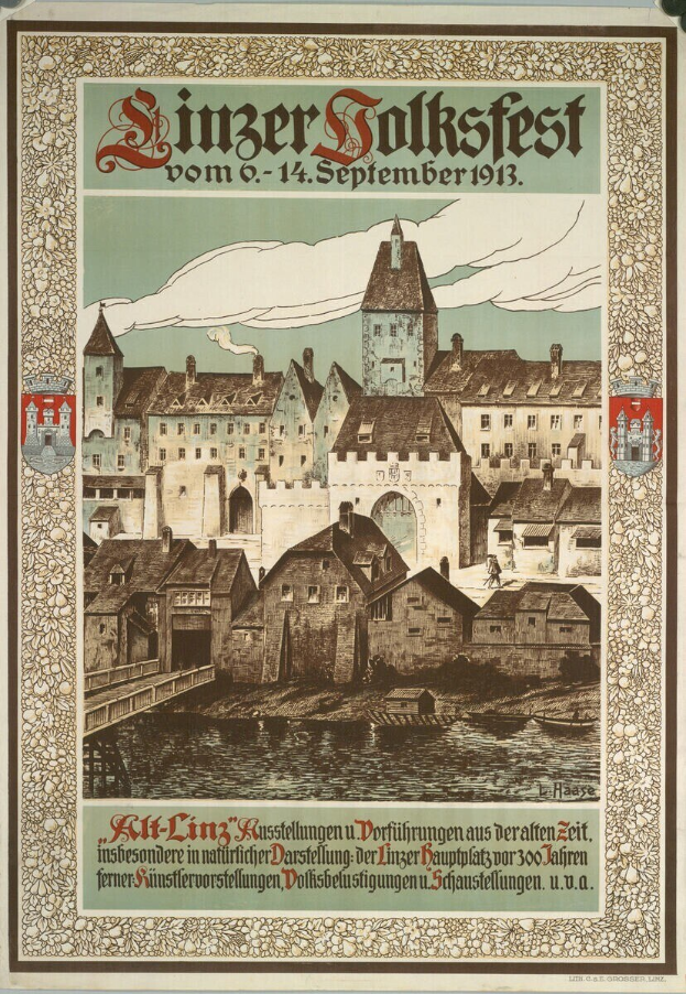 Alter Plakatwerbung für ein Festival in Deutschland, das eine Illustration eines Schlosses zeigt, das von Häusern umgeben ist.