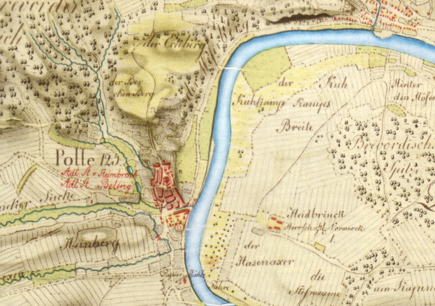 Detaillierte alte Karte von Polle, Deutschland, mit einem Fluss, Straßen, Gebäuden und weiteren Merkmalen.