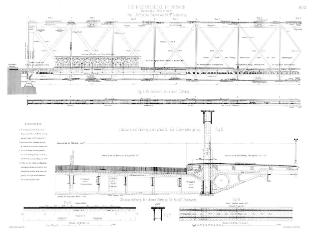 Ein detailliertes Bild einer Brücke, einschließlich der Kaiserbrücke in Bremen, mit begleitendem Text auf dem Papier.