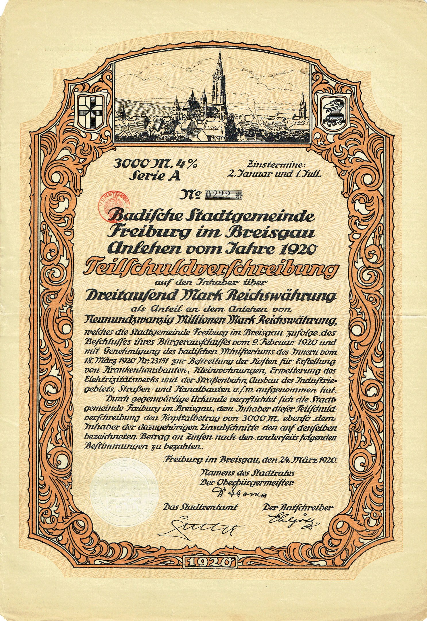 Altes deutsches Aktienzertifikat mit einer Stadtansicht und bedrucktem Text, das wahrscheinlich den Ursprung der Aktie beschreibt.