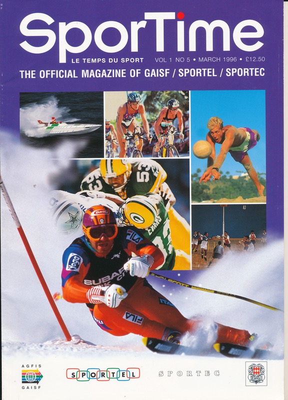 Zeitschriftentitel "Sporttime Magazine - März 1996" mit Bildern von Menschen beim Skifahren und Snowboarden sowie Text und Logos.