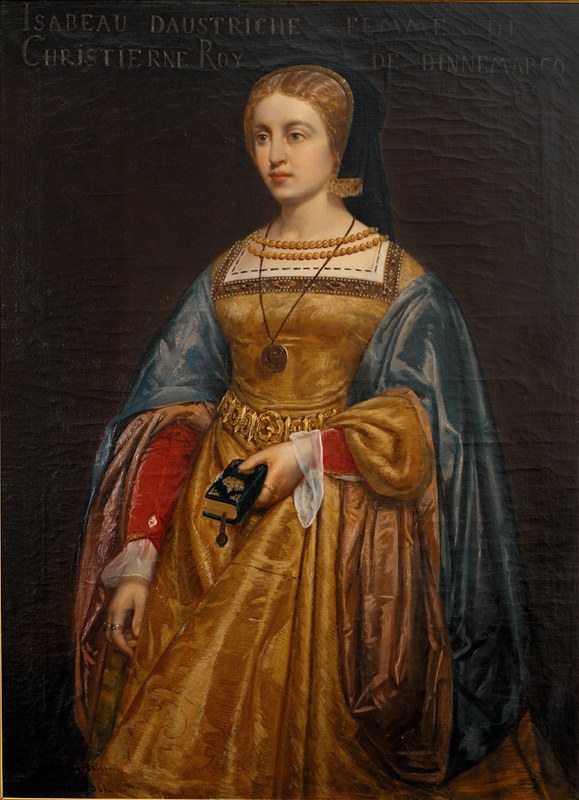 Gemälde von Isabella daustriche in einem goldenen Kleid mit feinen Details, ihre Haare zu einem ordentlichen Knoten gebunden, mit einem majestätischen Ausdruck.