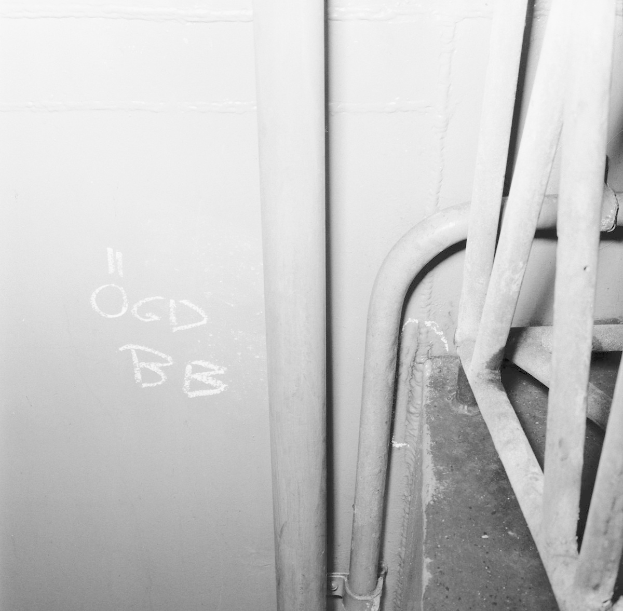 Schwarz-weiß-Foto eines Metalltors mit Graffiti neben einer Wand mit Rohren.