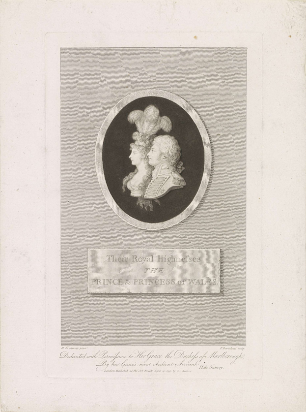 Schwarzes-weißes Bild eines Papiers mit einem Foto des Prinzen und der Prinzessin von Wales mit Text.