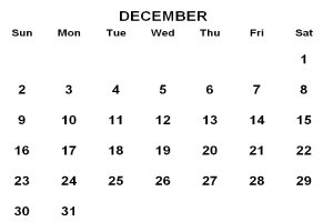 Ein Dezember 2019 Kalender mit Feiertagen in fetter, hervorgehobener Schrift auf einem weißen Hintergrund.