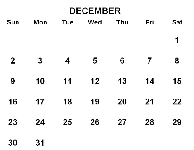 Ein Dezember 2019 Kalender mit Feiertagen in fetter, hervorgehobener Schrift auf einem weißen Hintergrund.