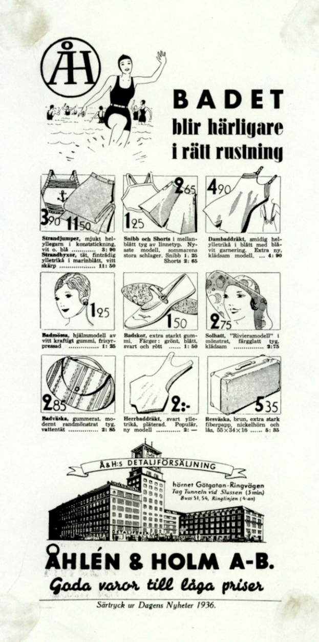 Frau in einem weißen und blauen gestreiften Badeanzug mit einem Pferdeschwanz, die direkt in die Kamera schaut, in einer Werbung umgeben von Bildern von Menschen, Gebäuden und Text.