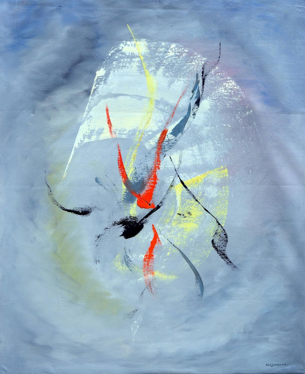 Abstrakte Malerei mit Acryl auf Leinwand, mit einem grauen Hintergrund und blauen, roten und gelben Akzenten.