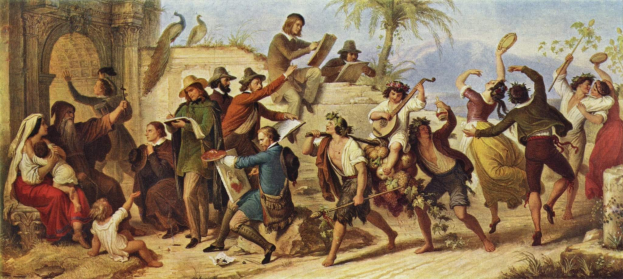 Gemälde mit dem Titel 'Der Tanz des verlorenen Sohns', das eine Gruppe von Menschen zeigt, die vor einem Gebäude tanzen, einige halten Gegenstände, mit Bäumen, Vögeln, einer Wand und Himmel im Hintergrund.