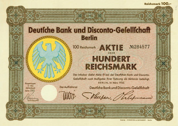 Eine alte deutsche Banknote mit einer Vogeldarstellung und der Aufschrift "Deutsche Bank und Disconto-Gesellschaf Berlin"