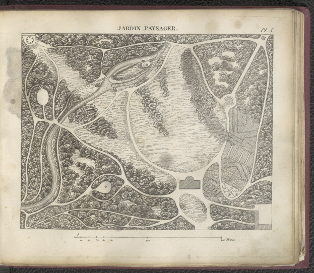 Altes Buch mit einer detaillierten Karte eines Parks auf dem Cover, das Bäume, Sträucher und Vegetation sowie Text mit Parkinformationen zeigt.