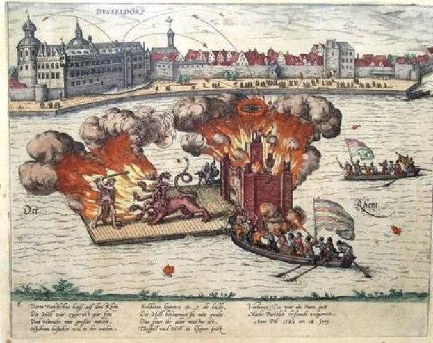 Gemälde, das die Belagerung von Dresden im Jahr 1685 zeigt, mit einem Feuer auf Wasser umgeben von einem Boot mit Menschen, Gebäuden, Bäumen und einem Himmel, mit dem Titeltext unten.